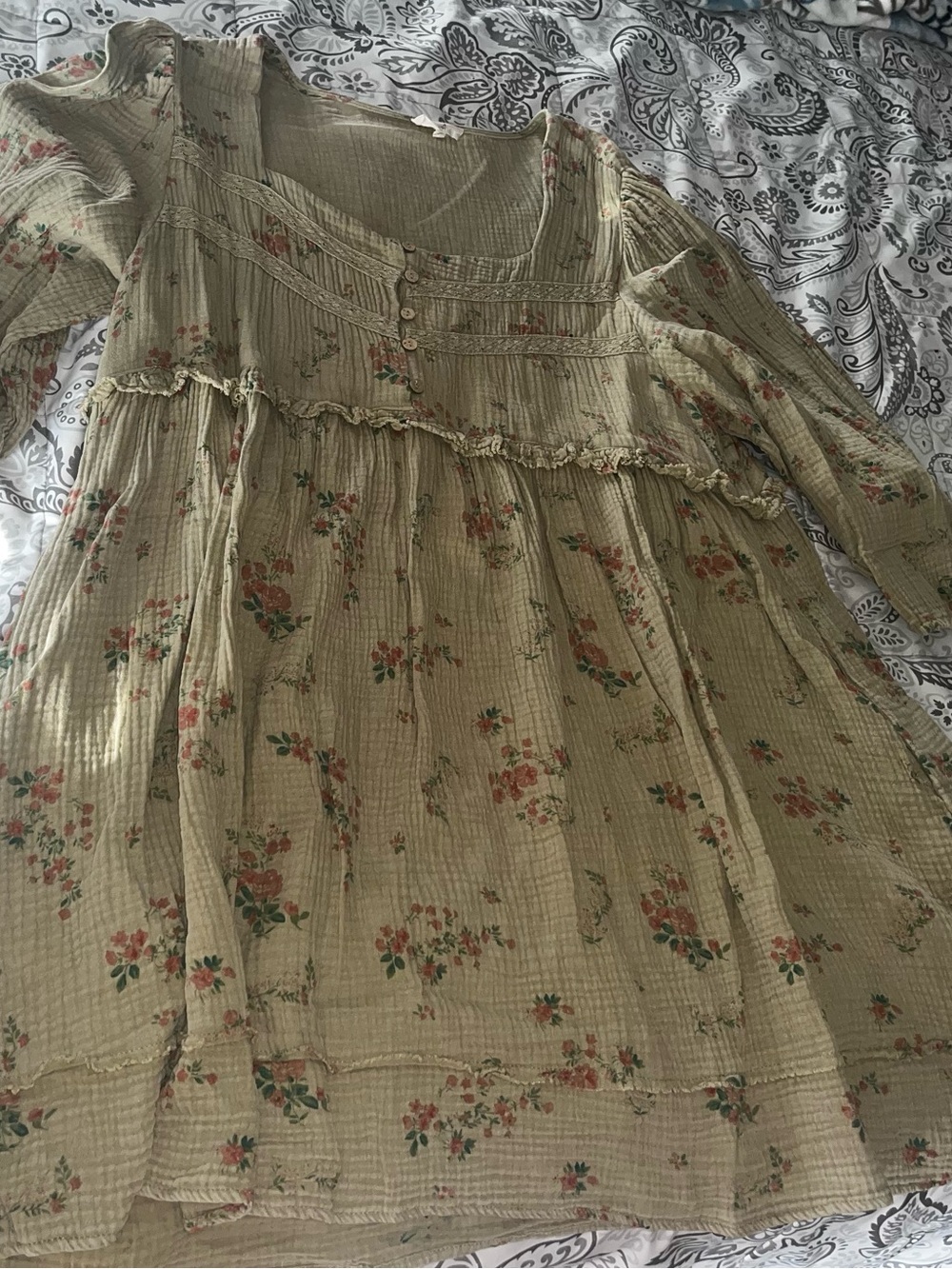 easel Olive Floral Ruffle Peasant Dress with Coral Roses